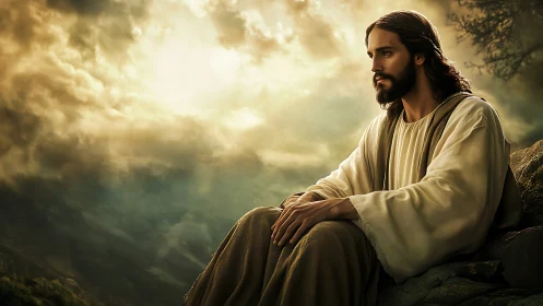 Serene robed figure contemplates under radiant storm clouds.