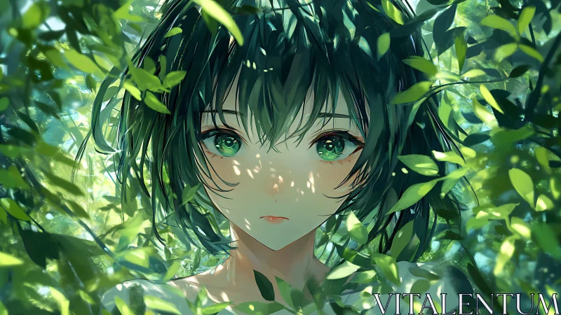 Green haired anime girl framed by dense sunlit foliage.