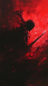 Shadow-wreathed swordsman drifts through a storm of red embers
