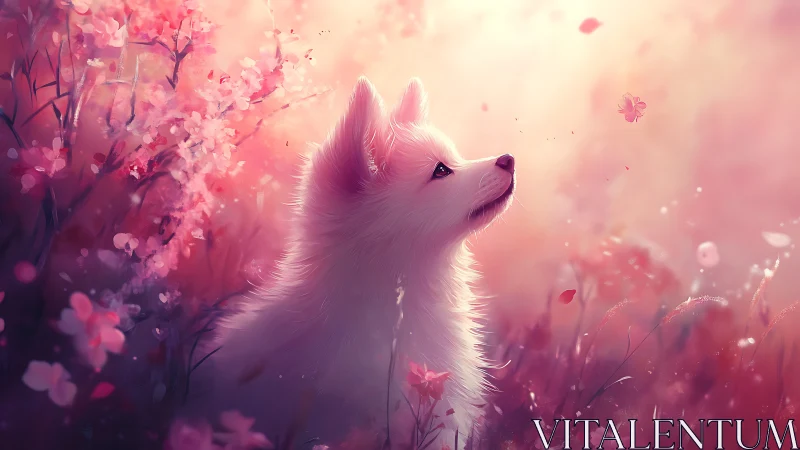 Gentle white pup daydreaming in a rosy blossom breeze.