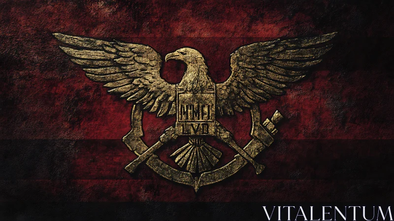 Golden imperial eagle emblem over distressed red field.