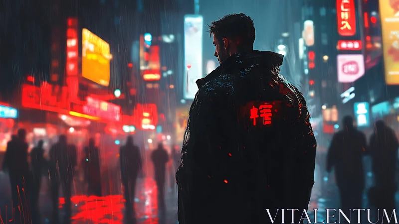 Lone figure in neon city street under heavy night rain.