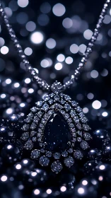 Close-up view shows a dark gemstone pendant with halo setting