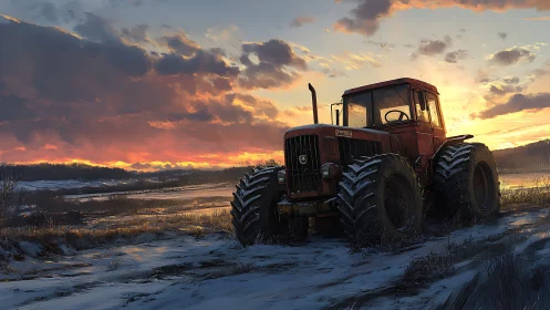 Red tractor stands on snowy field under glowing sunset sky