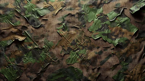 Textured military camouflage fabric with distressed rips.