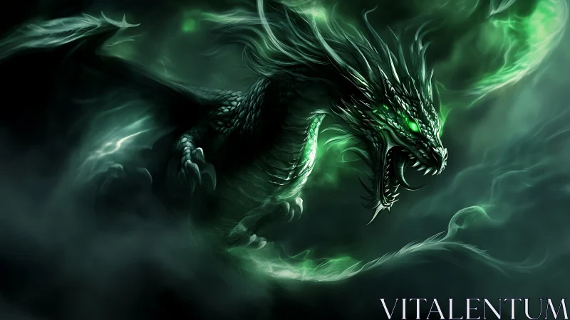 Emerald dragon emerging from swirling dark mist in flight.