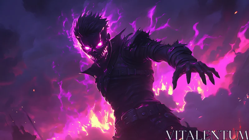 Flaming shadow warrior reaches through neon purple fire.