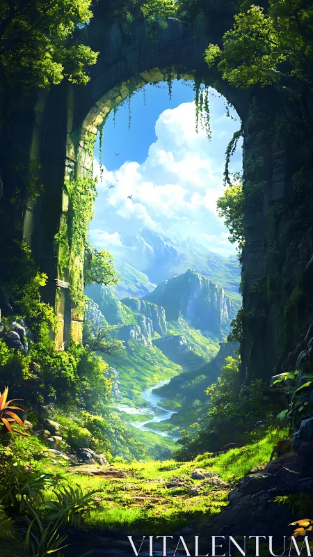 Sunlit stone gateway opening onto a secret green valley.