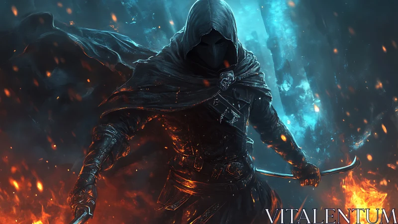 Hooded rogue strides through fire and frost-torn shadows.