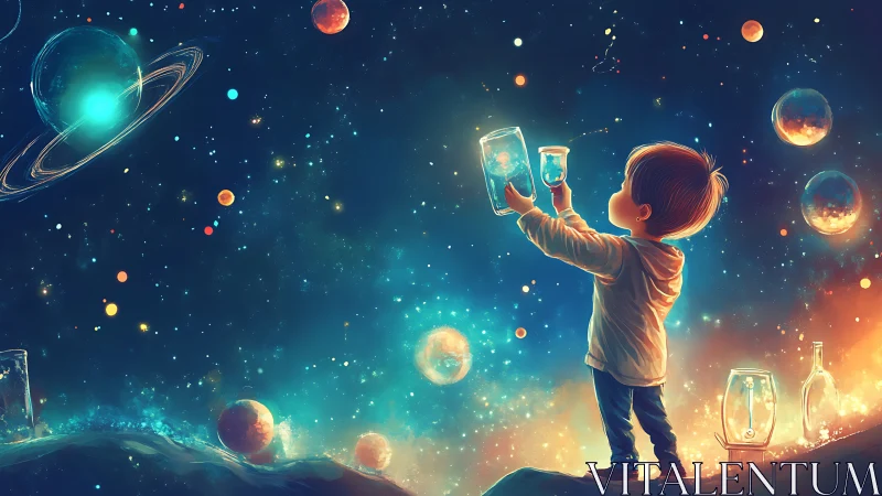 Child standing under cosmic sky holding glowing glass jars.