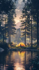 Sunlit forest campsite beside reflective mountain lake.