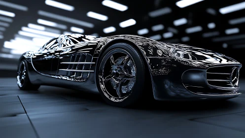Low-angle view of reflective black sports car in studio.