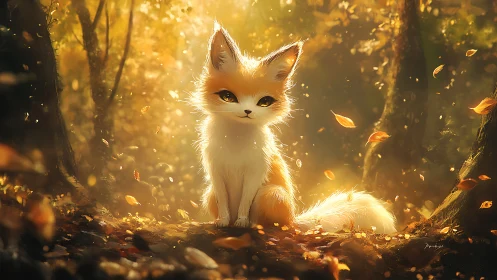 Small fox-like creature in backlit autumn forest setting.