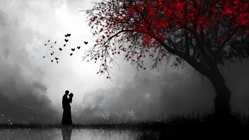 Two souls kiss beneath trees raining hearts into mist.