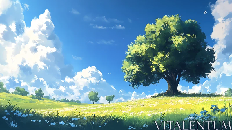 Solitary tree on bright summer meadow under open sky.