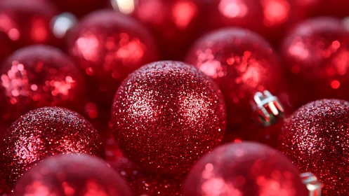 Sparkling red ornaments glowing with cozy holiday cheer.