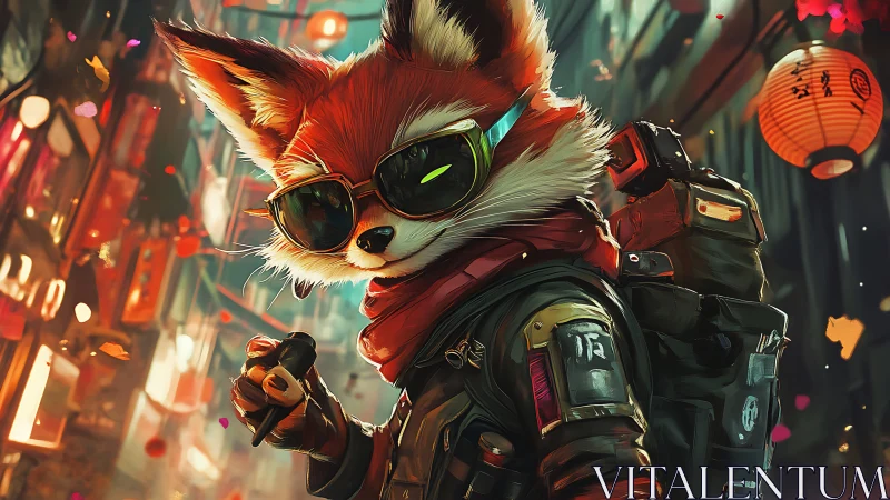 Cyberpunk fox mercenary strides through neon alleyway