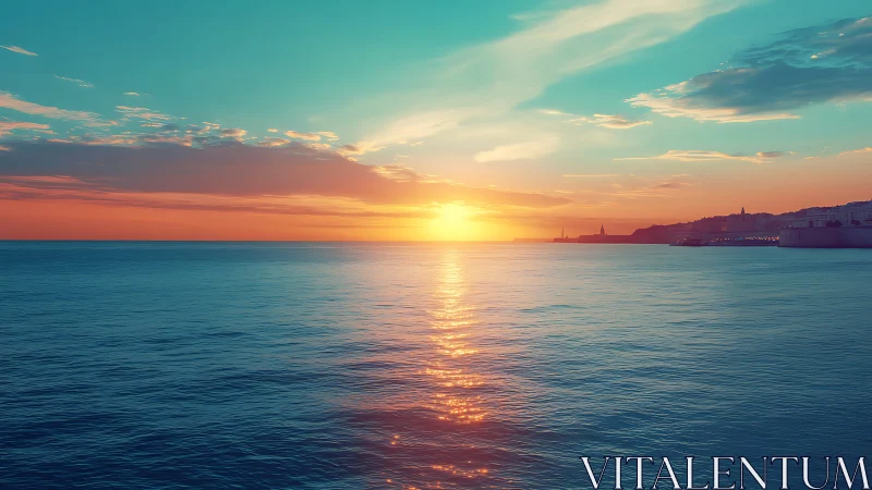 Digital seascape sunset with luminous horizon reflection study.