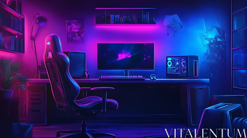 Neon lit gaming workstation with desk, chair, and PC tower.
