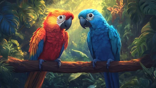 Vibrant Red and Blue Parrots on Jungle Branch, Digital Art Style.