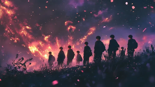 Silhouetted Group Standing Before Cataclysmic Explosion of Cosmic Fire
