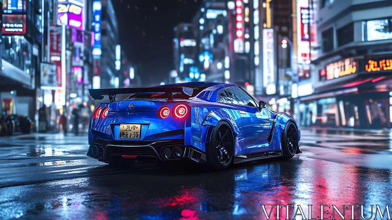 Blue modified sports car on wet neon lit urban street at night.