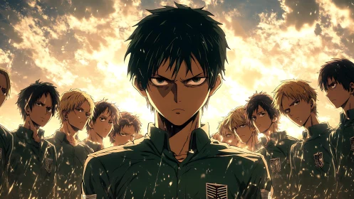 Centered anime unit stands under strong backlit sky