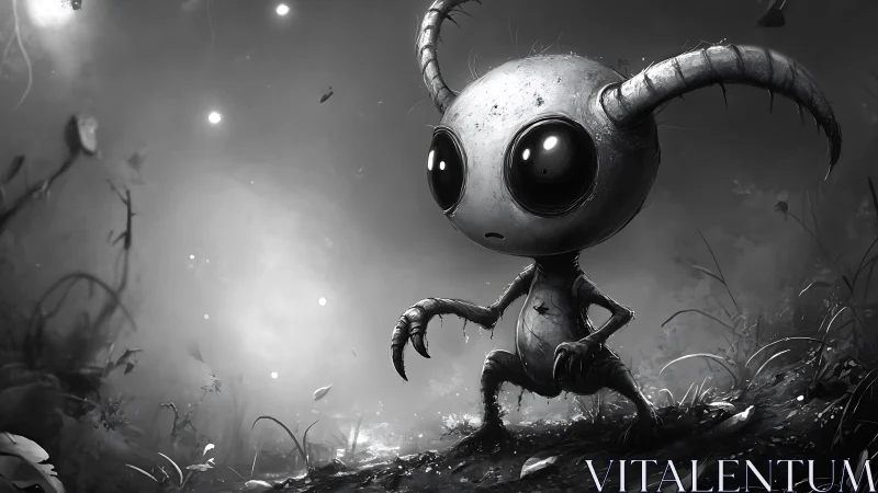 Horned alien creature explores misty monochrome forest.