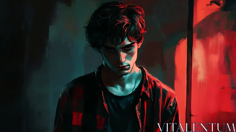 Moody young man in red and teal studio lighting portrait.