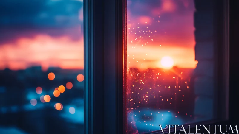 Cozy sunset glow through a rain‑kissed city window.