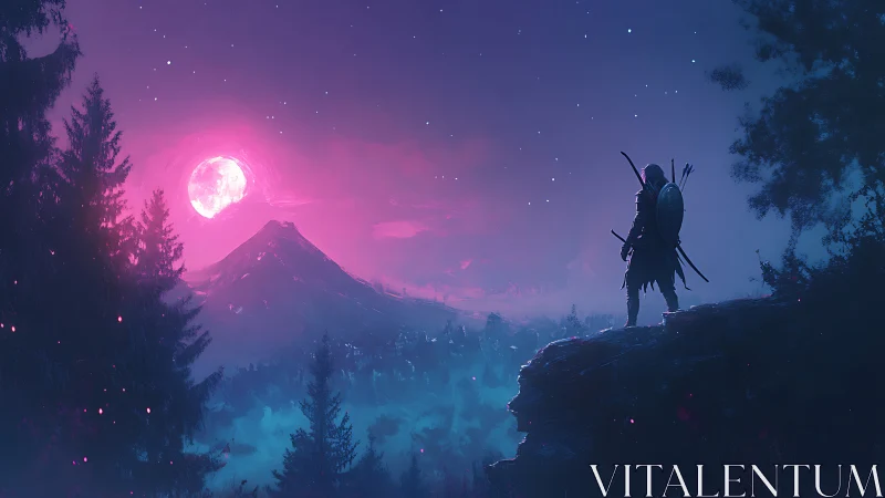 Moonlit ranger watches neon dusk over haunted peaks.