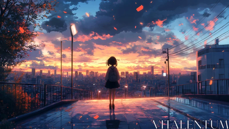 Backlit student silhouette observes high-rise city at sunset glow