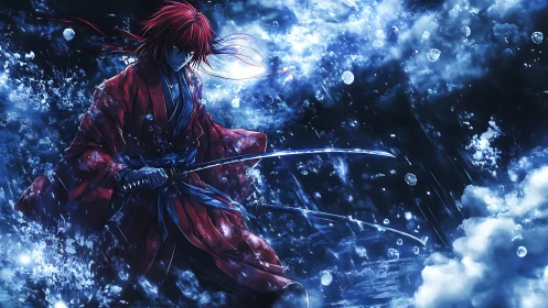 Scarlet samurai warrior in stormlit midnight downpour.