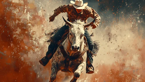 Rodeo cowboy riding a bucking bull in dynamic motion.