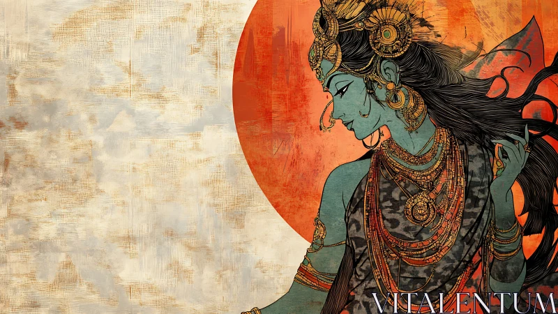 Digital painting of ornate goddess profile with sun halo backdrop.