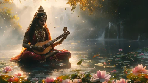 Divine musician in lotus pond under golden backlit mist