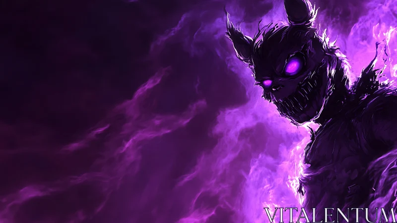 Shadowy horned figure in purple energy haze, right aligned.