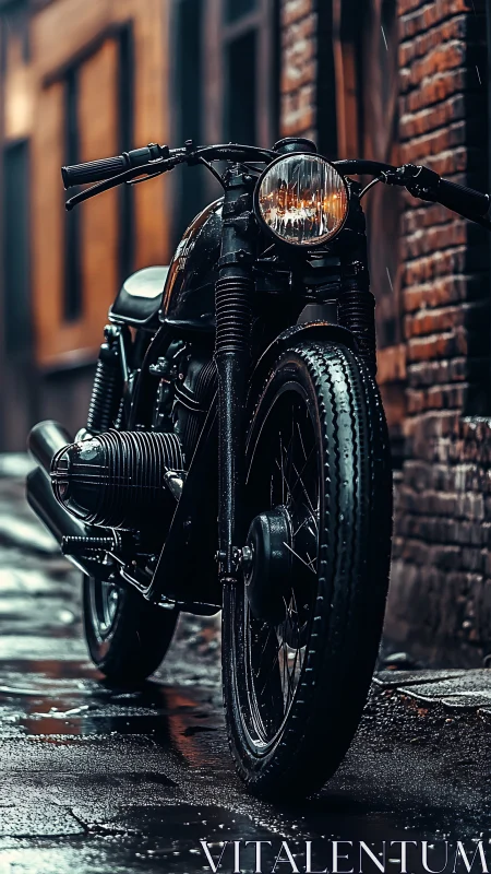 Rain-soaked vintage motorcycle in cinematic city alleyway.
