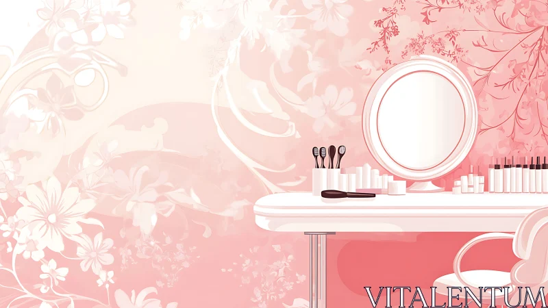Vanity table with cosmetics and mirror in pink floral room