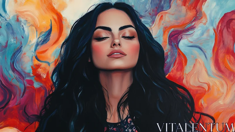 Digital portrait shows woman with dark hair before abstract swirls