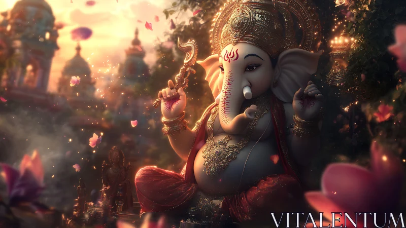 Digital painting of Ganesha in luminous temple garden setting.