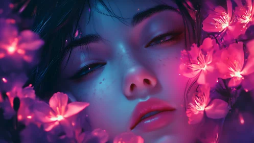 Dreamlit portrait drifts in neon blossoms and midnight glow