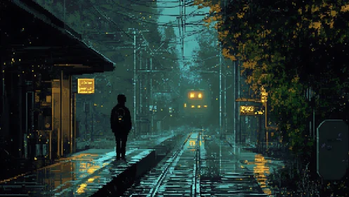 Solitary commuter awaits a distant train in rainy neon dusk