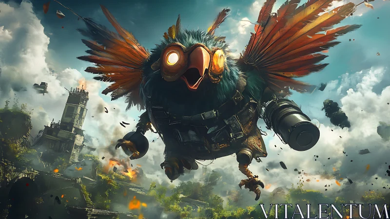 Mechanical bird with weapons over ruined urban landscape.