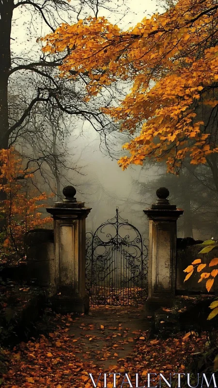 Photoreal autumn gate beneath misted deciduous canopy.