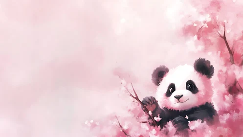 Gentle panda cub peeks out from dreamy pink blossoms softly