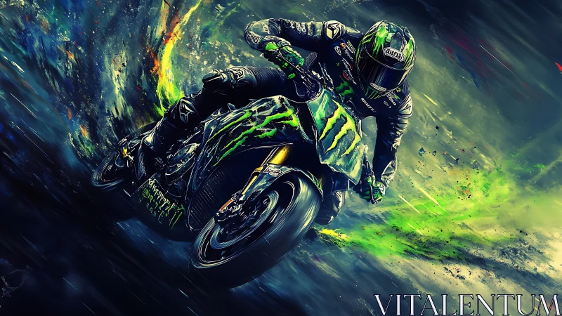 Neon storm rider carving liquid velocity on monster bike.