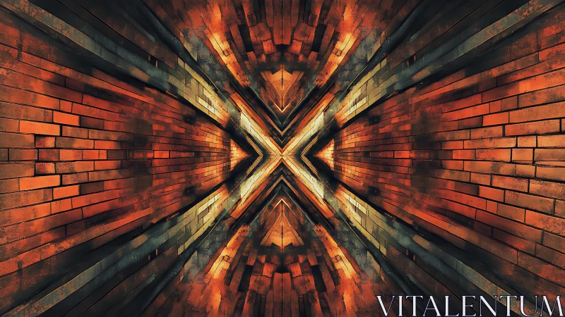 Symmetrical Abstract Brick Tunnel with Fiery Orange Lighting.