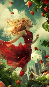 Skyward strawberry dance with girl in crimson dress.