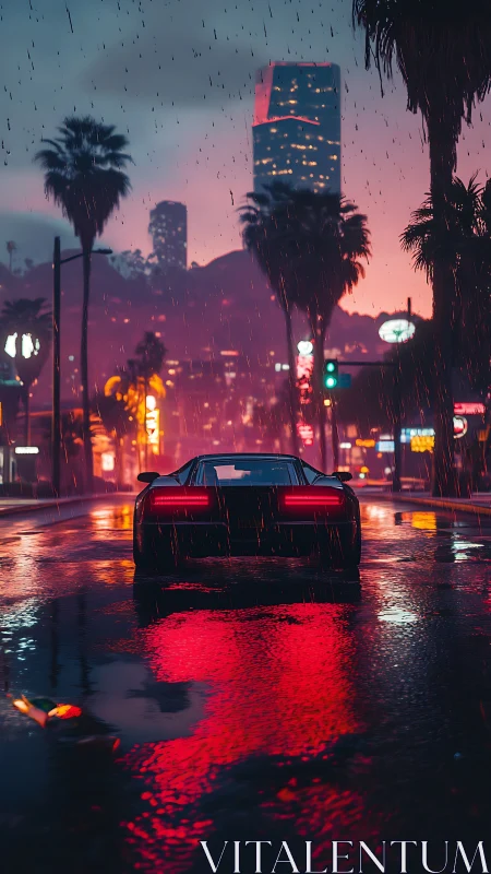 Sports car on wet city street under neon dusk rain scene.